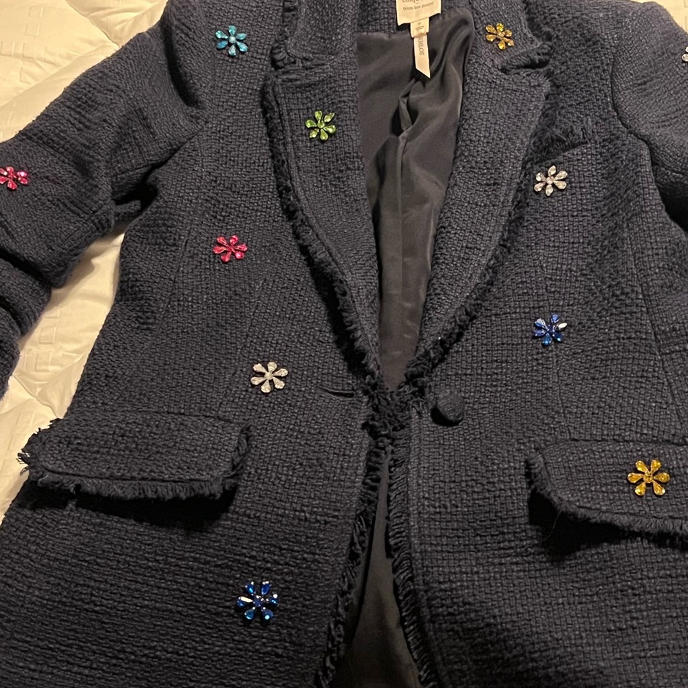 cinq a sept Navy Tweed Blazer with Multicolor Gem Flower Accents